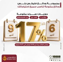 بنك مصر يطلق مجموعة ودائع "فليكس بلس" بعوائد تنافسية تصل الي 17% سنويا ودوريات صرف متنوعة تلبي احتياجات مختلف شرائح العملاء